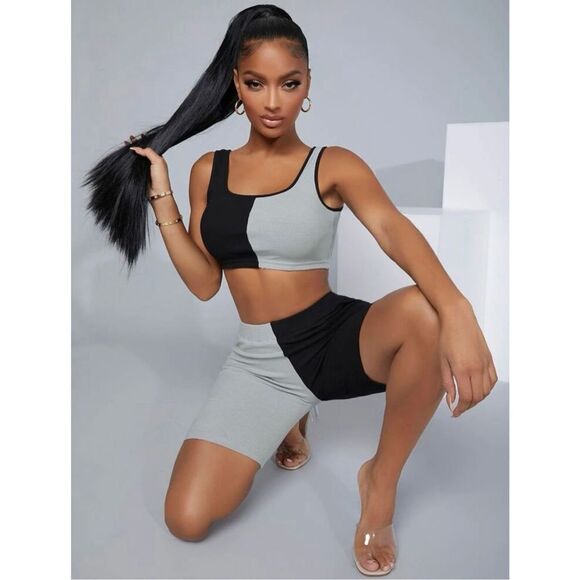 SHEIN SXY Two Tone Crop Tank Top & Biker Shorts Set - Picture 1 of 6